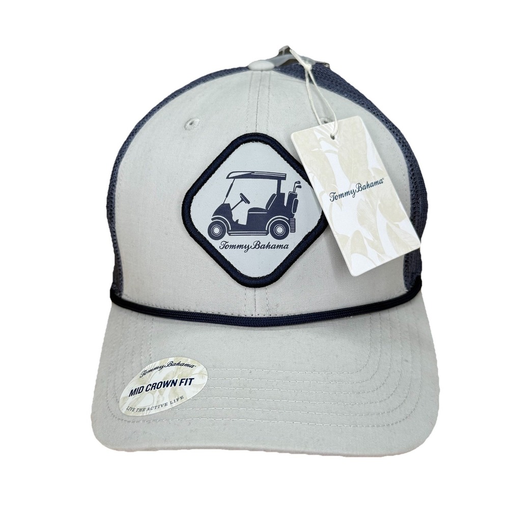 Tommy Bahama Golf Cart Hat Men Gray Blue Trucker Mesh Mid Crown Fit Snapback NEW
